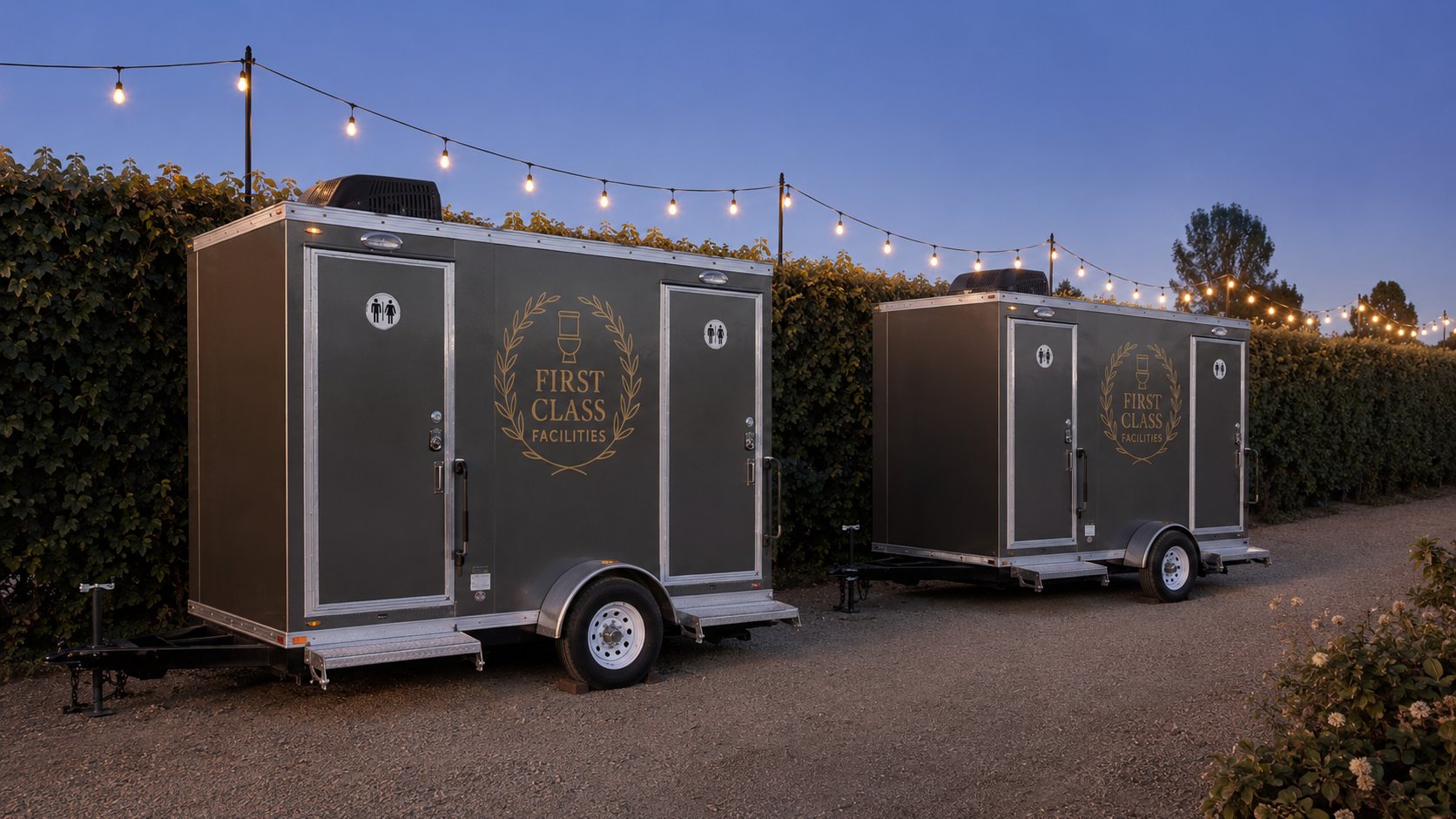 First Class Facilities fleet staged at a private estate event.