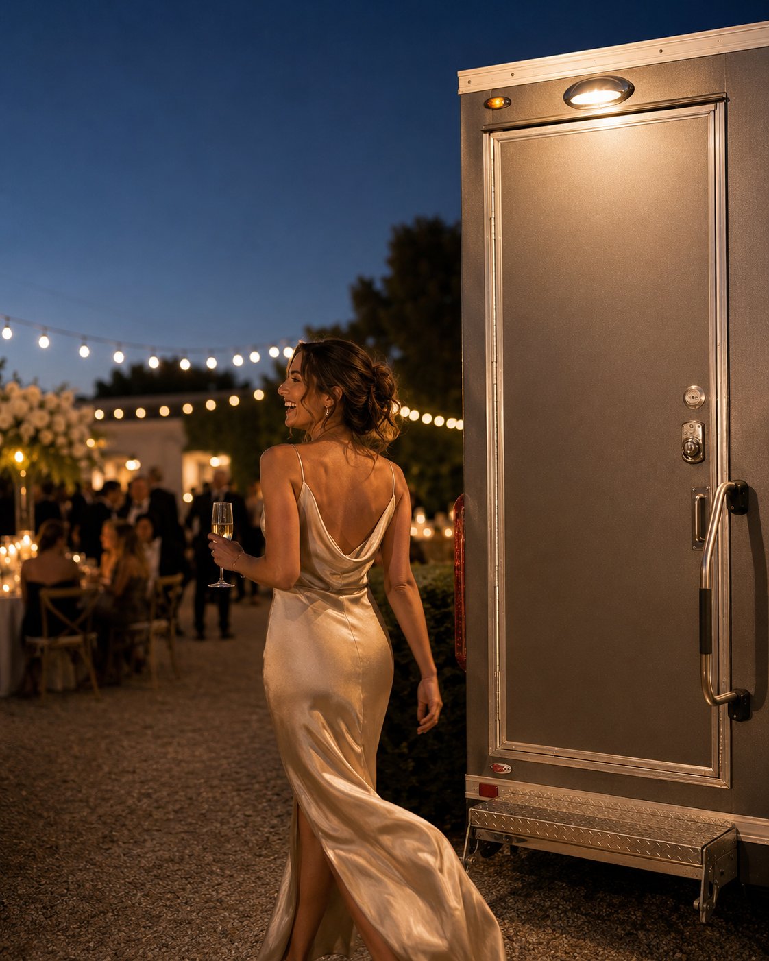 Guest in an evening gown with champagne beside a First Class Facilities luxury restroom trailer at a night event.