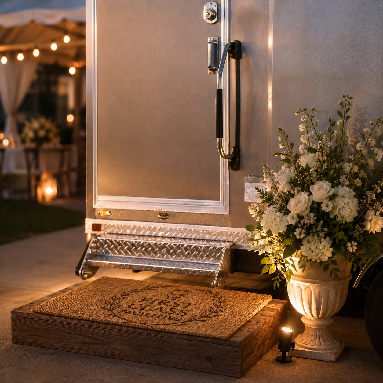 Woven First Class Facilities doormat at the steps of a luxury restroom trailer