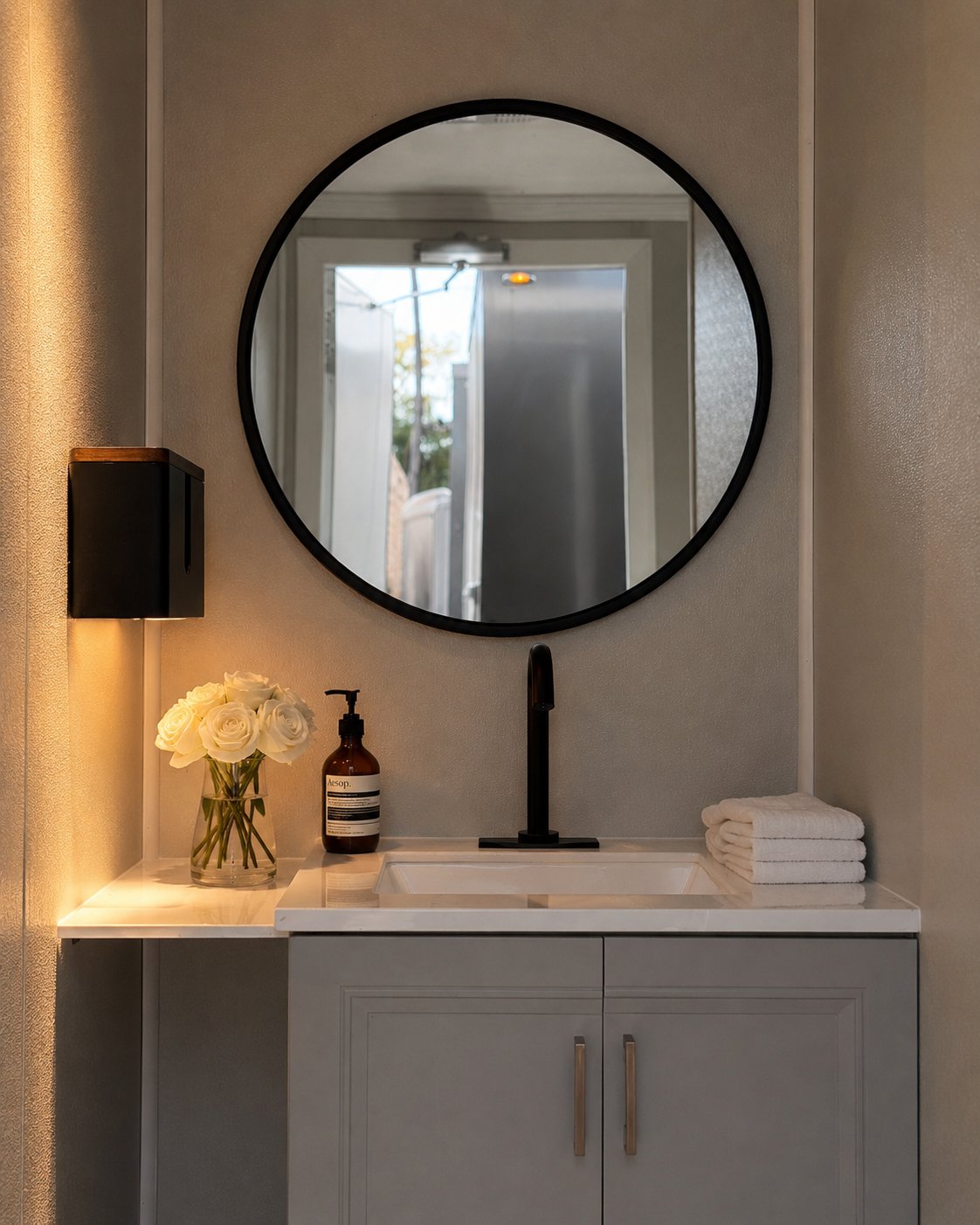 Interior vanity with round mirror, fresh roses, and folded towels inside a luxury restroom trailer